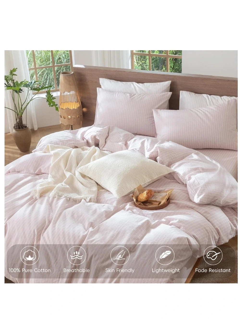 QUEEN Striped Duvet Set 3Pc. 100% Cotton 200 Thread Count GRAYISH PINK & WHITE